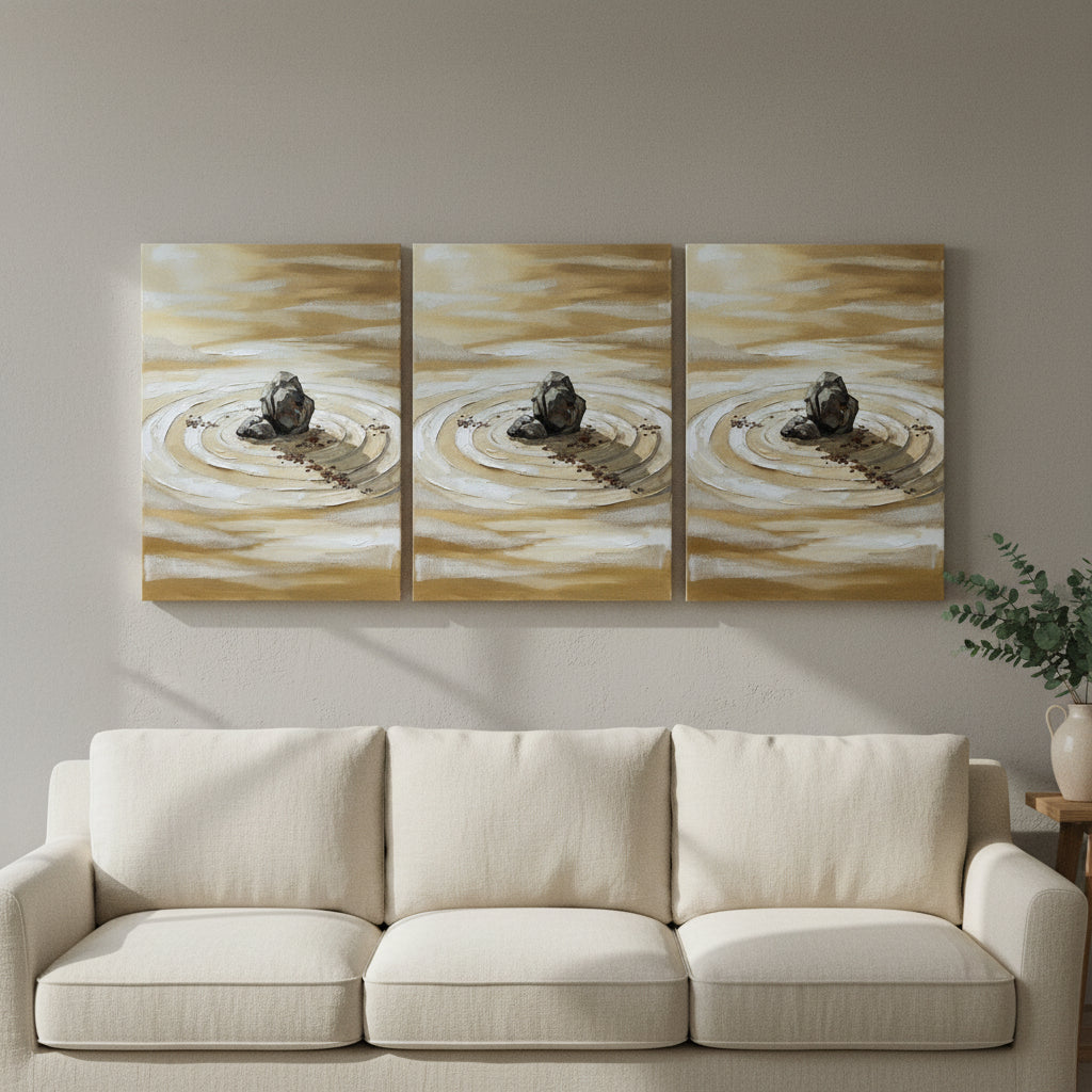 Zen Rock Garden Wall Art — giclee canvas art, japanese wall art, canvas wall art shown on a wall in a styled interior, view C3 (Japandi / Japanese zen) | BloomW