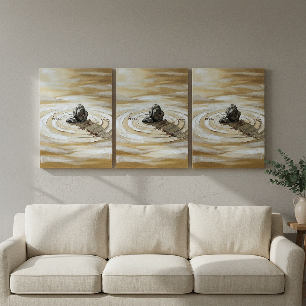 Zen Rock Garden Wall Art — giclee canvas art, japanese wall art, canvas wall art shown on a wall in a styled interior, view C3 (Japandi / Japanese zen) | BloomW