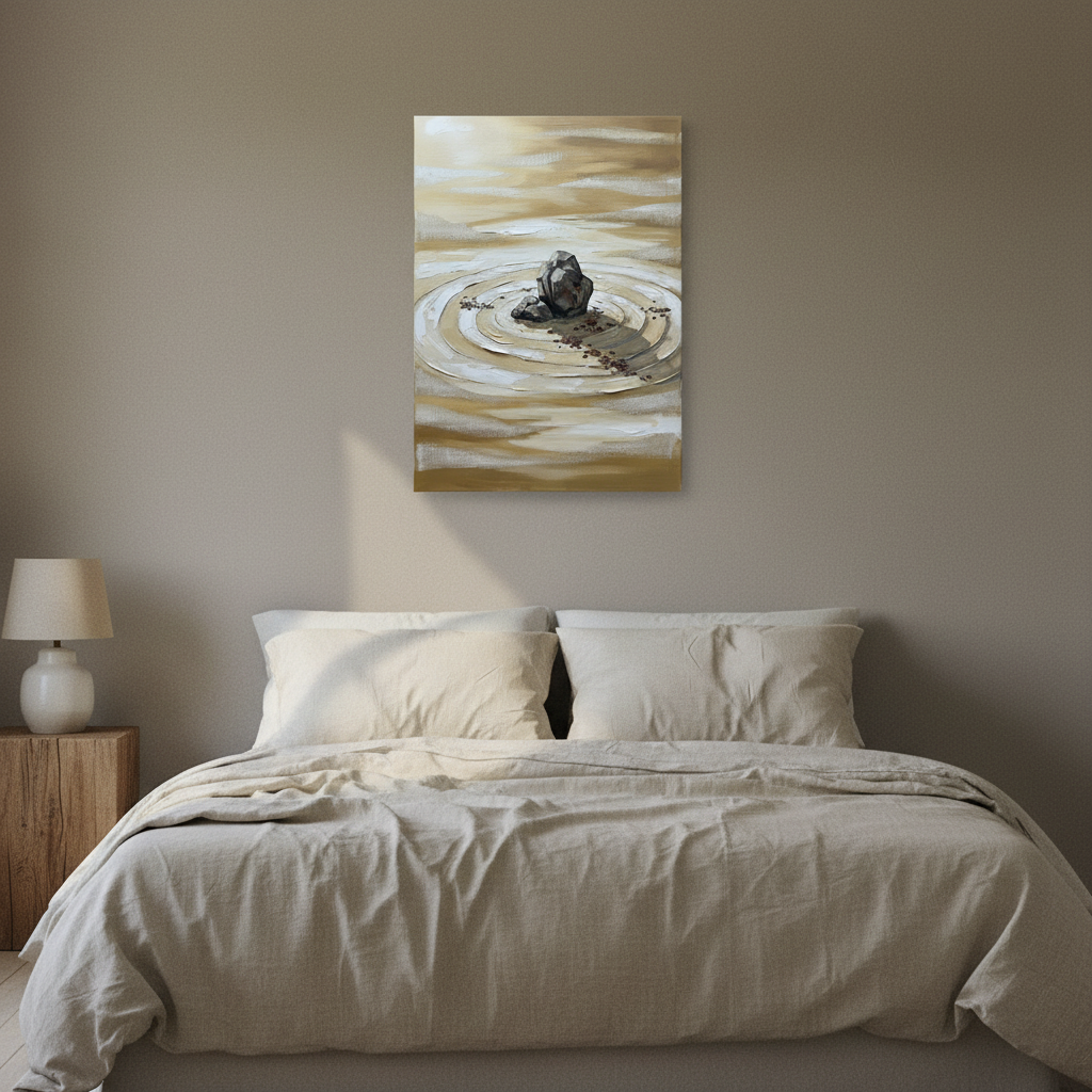 Zen Rock Garden Wall Art — giclee canvas art, japanese wall art, canvas wall art shown on a wall in a styled interior, view C4 (Japandi / Japanese zen) | BloomW