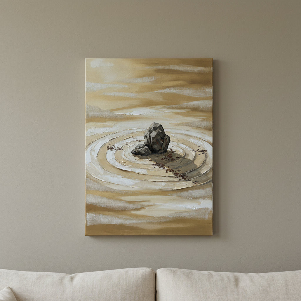 Zen Rock Garden Wall Art — giclee canvas art, japanese wall art, canvas wall art shown on a wall in a styled interior, view C8 (Japandi / Japanese zen) | BloomW
