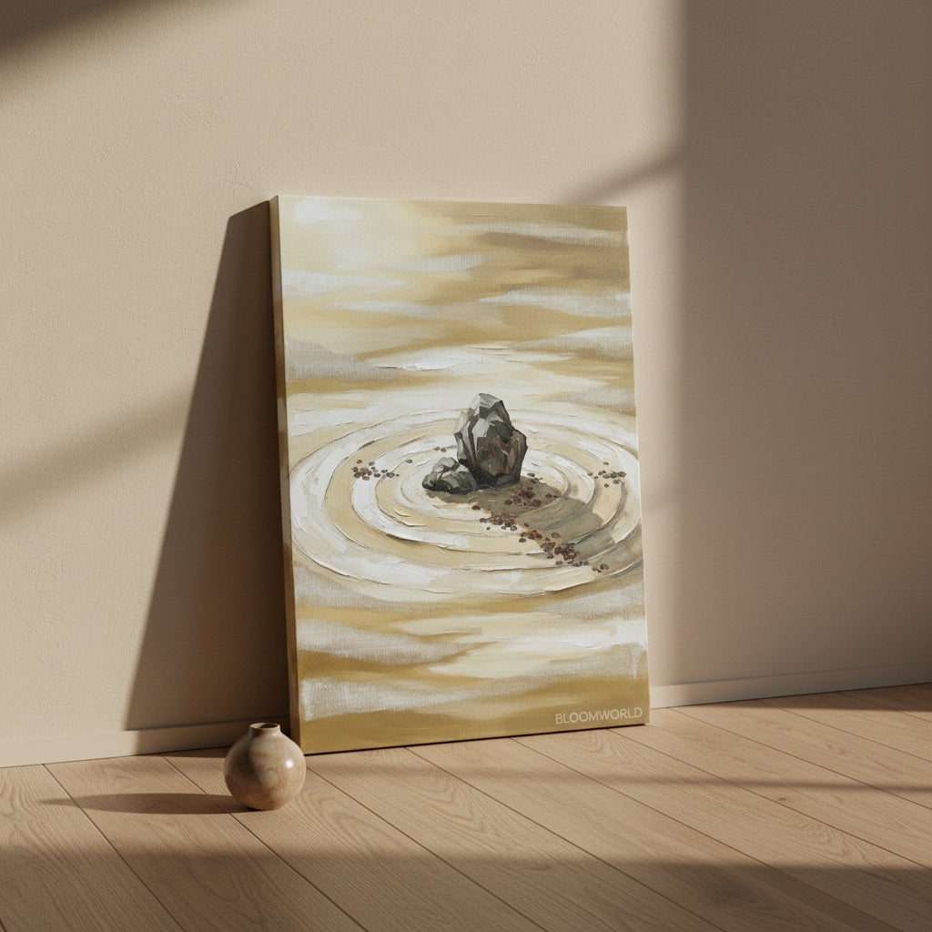Zen Rock Garden Wall Art — giclee canvas art, japanese wall art, canvas wall art shown on a wall in a styled interior, view C9 (Japandi / Japanese zen) | BloomW