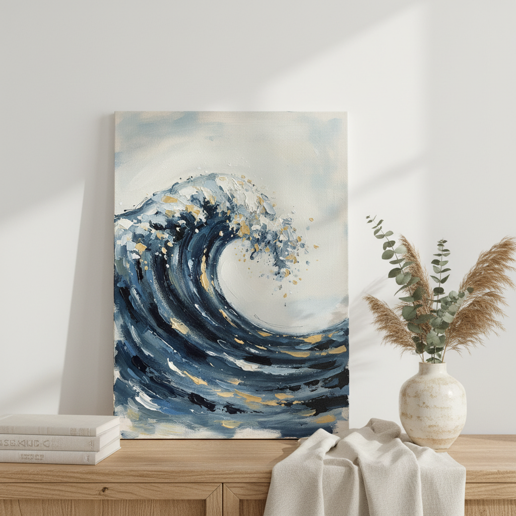 Japanese Wave Wall Art, Ocean Ink Canvas, Living Room Decor