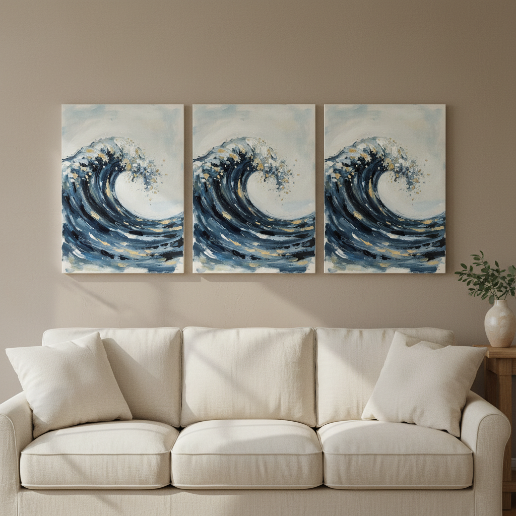 Japanese Wave Wall Art — giclee canvas art, japanese wall art, canvas wall art shown on a wall in a styled interior, view C3 (Japandi / Japanese zen) | BloomWor