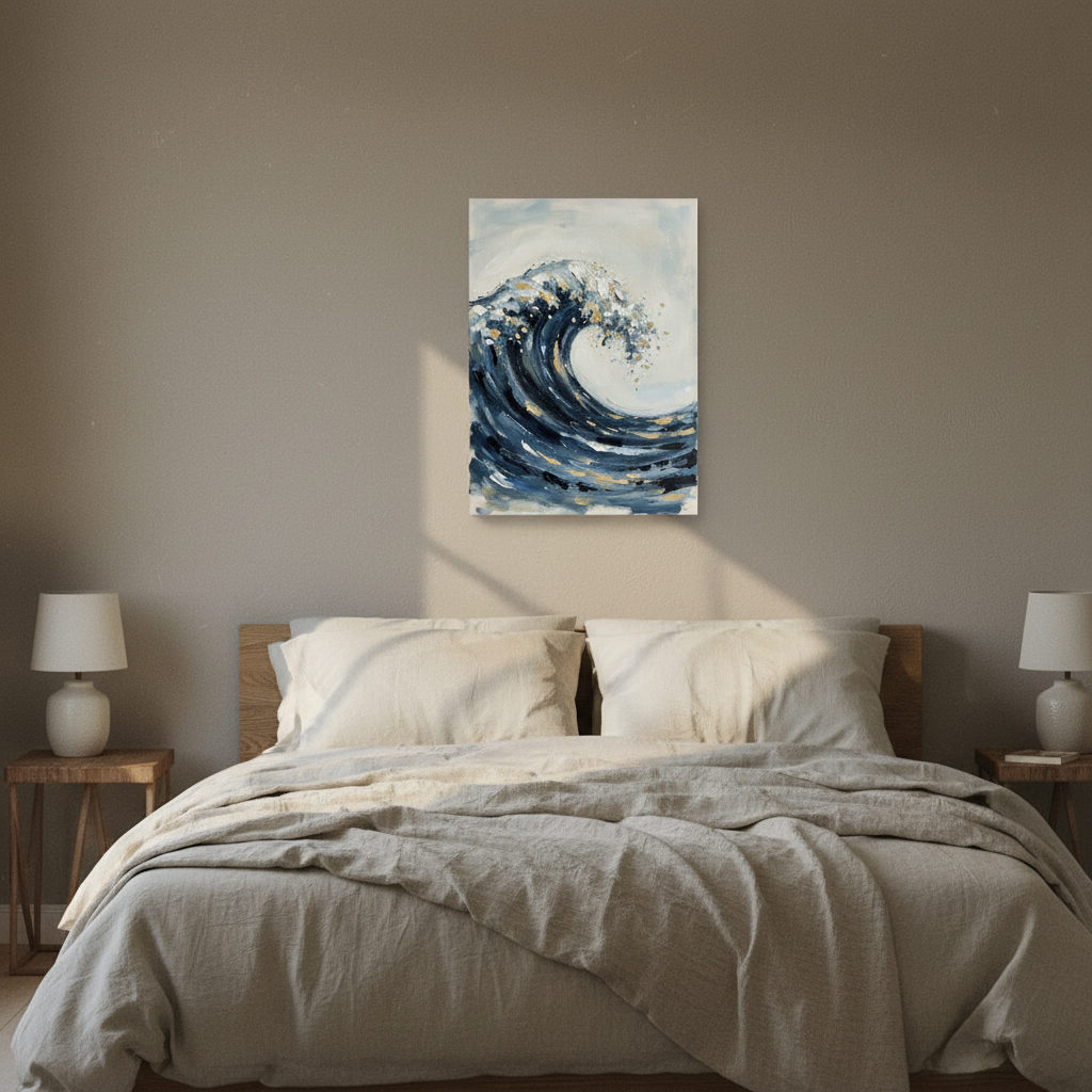 Japanese Wave Wall Art — giclee canvas art, japanese wall art, canvas wall art shown on a wall in a styled interior, view C4 (Japandi / Japanese zen) | BloomWor