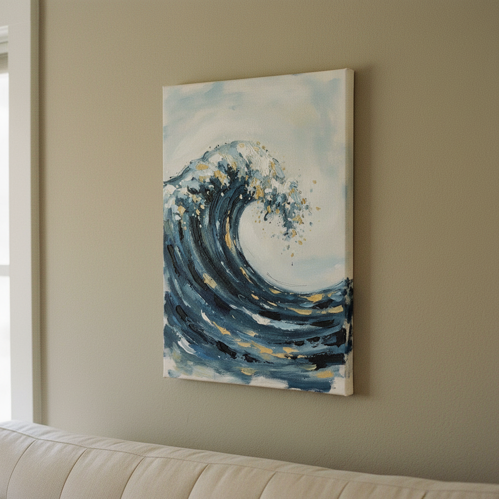 Japanese Wave Wall Art, Ocean Ink Canvas, Living Room Decor