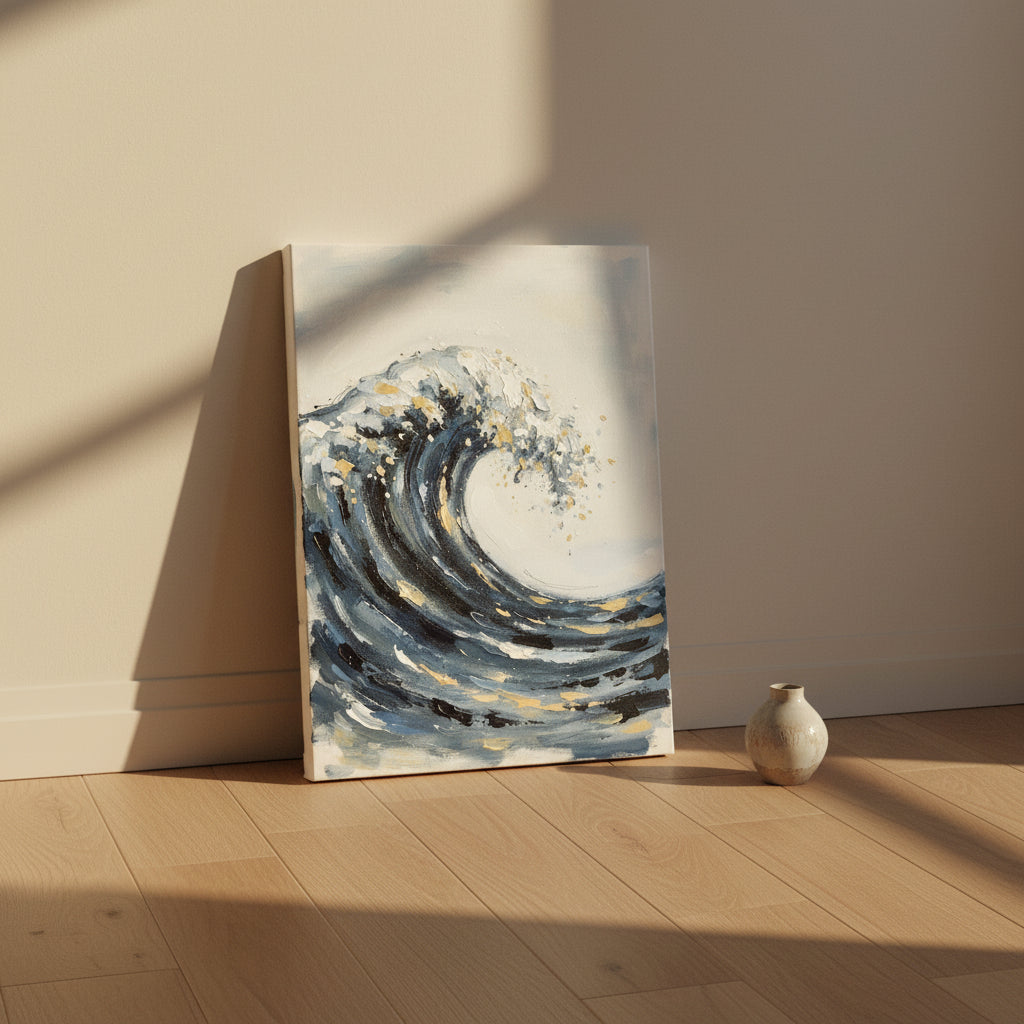 Japanese Wave Wall Art — giclee canvas art, japanese wall art, canvas wall art shown on a wall in a styled interior, view C9 (Japandi / Japanese zen) | BloomWor