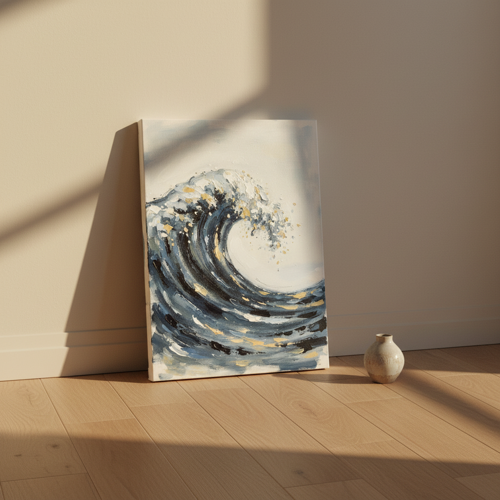 Japanese Wave Wall Art, Ocean Ink Canvas, Living Room Decor