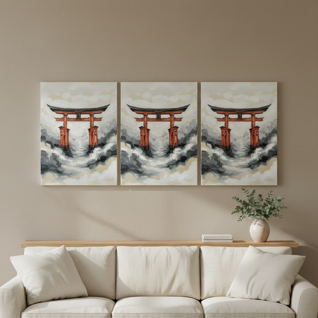 Torii Gate Wall Art — bedroom wall art, giclee canvas art, canvas wall art shown on a wall in a styled interior, view C3 (Japandi / Japanese zen) | BloomWorld A