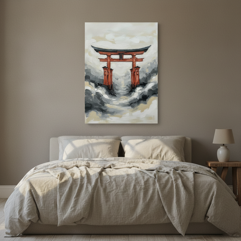 Torii Gate Wall Art — bedroom wall art, giclee canvas art, canvas wall art shown on a wall in a styled interior, view C4 (Japandi / Japanese zen) | BloomWorld A