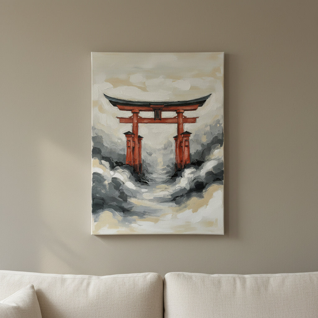 Torii Gate Wall Art — bedroom wall art, giclee canvas art, canvas wall art shown on a wall in a styled interior, view C8 (Japandi / Japanese zen) | BloomWorld A