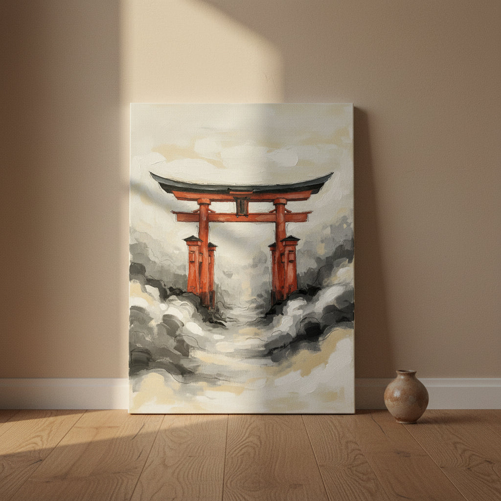 Torii Gate Wall Art — bedroom wall art, giclee canvas art, canvas wall art shown on a wall in a styled interior, view C9 (Japandi / Japanese zen) | BloomWorld A