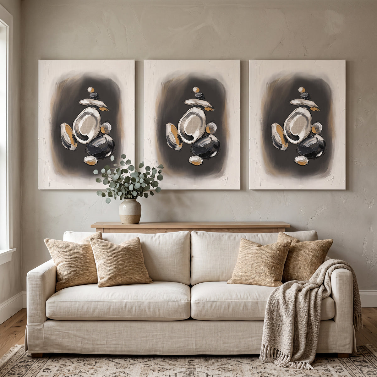 Zen Stone Ink Wash Canvas — canvas wall art, japanese wall art, canvas wall art shown on a wall in a styled interior, view C3 (Japandi / Japanese zen) | BloomWo