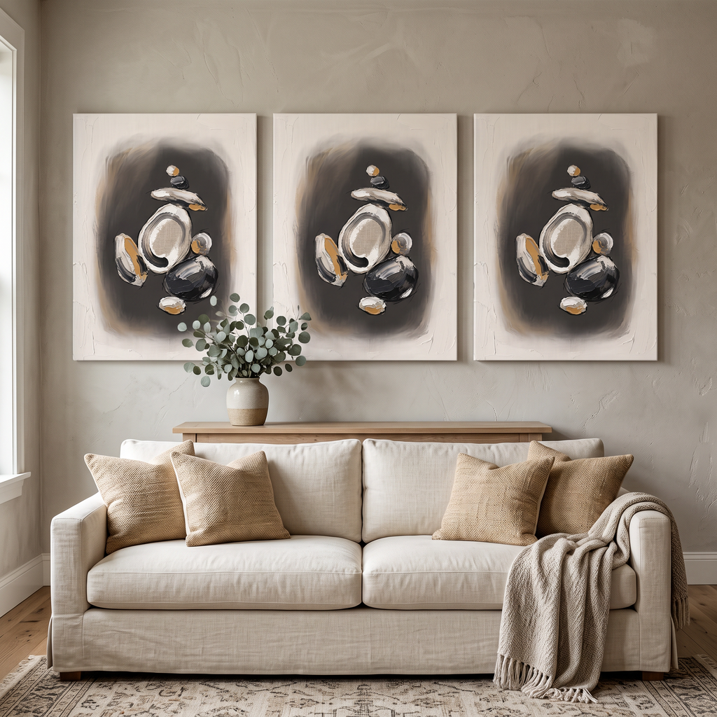 Zen Stone Ink Wash Canvas — canvas wall art, japanese wall art, canvas wall art shown on a wall in a styled interior, view C3 (Japandi / Japanese zen) | BloomWo