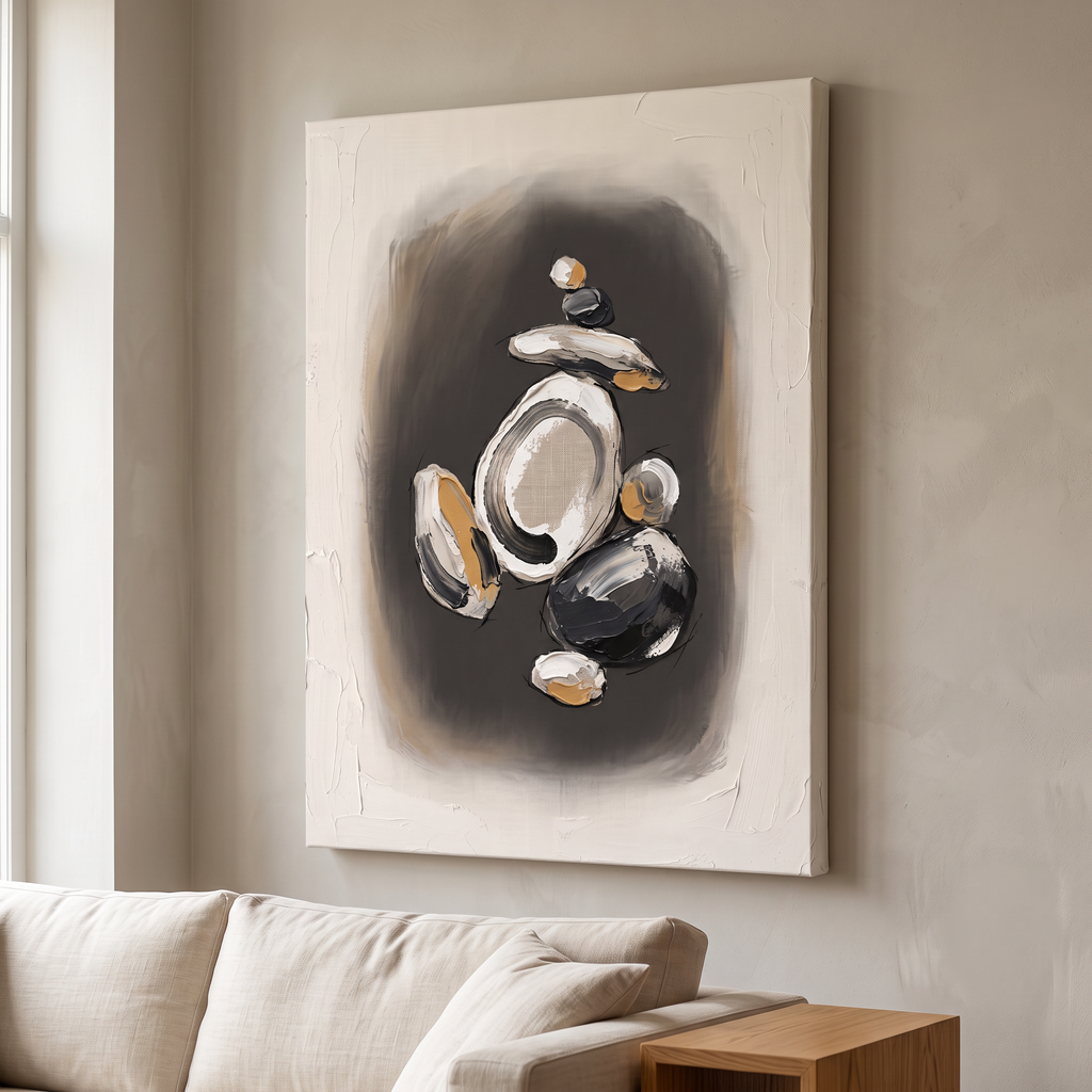 Zen Stone Ink Wash Canvas — canvas wall art, japanese wall art, canvas wall art shown on a wall in a styled interior, view C8 (Japandi / Japanese zen) | BloomWo