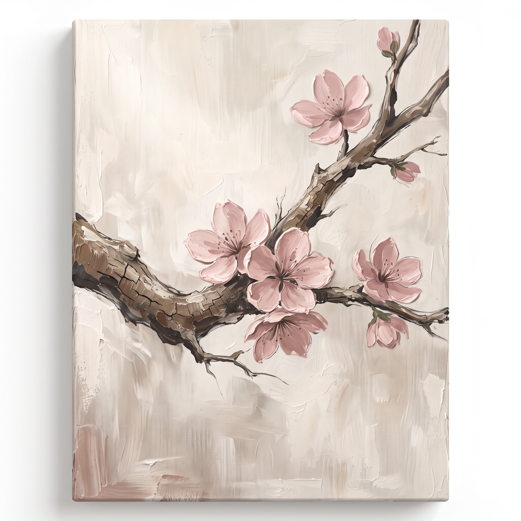 Large Cherry Blossom Wall Art — canvas wall art, japanese wall art, canvas wall art shown on a wall in a styled interior, view C1 (Japandi / Japanese zen) | Blo