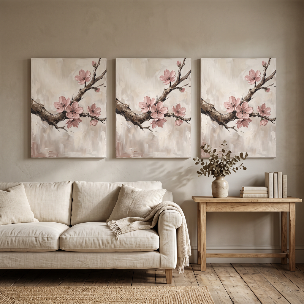 Large Cherry Blossom Wall Art — canvas wall art, japanese wall art, canvas wall art shown on a wall in a styled interior, view C3 (Japandi / Japanese zen) | Blo