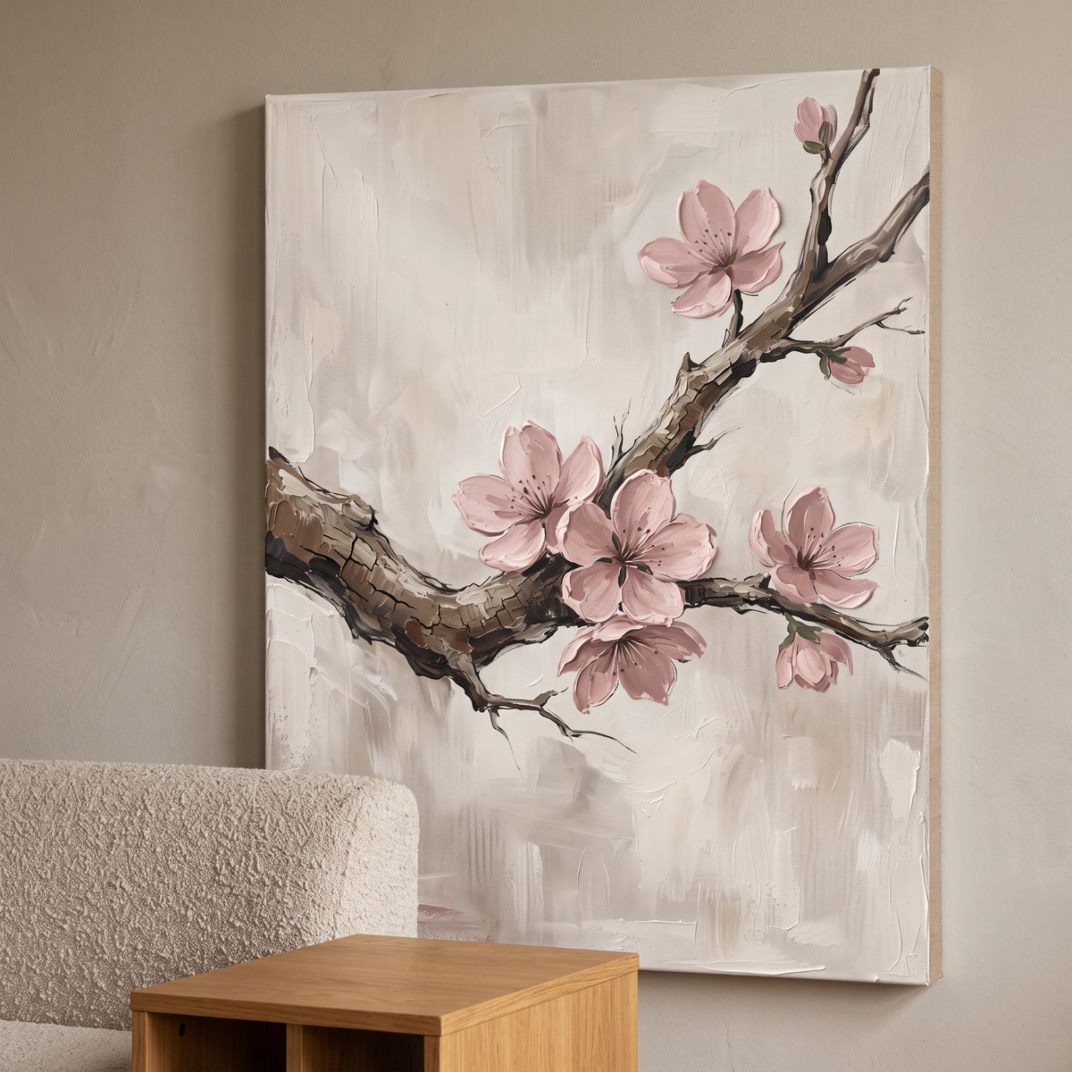 Large Cherry Blossom Wall Art — canvas wall art, japanese wall art, canvas wall art shown on a wall in a styled interior, view C8 (Japandi / Japanese zen) | Blo