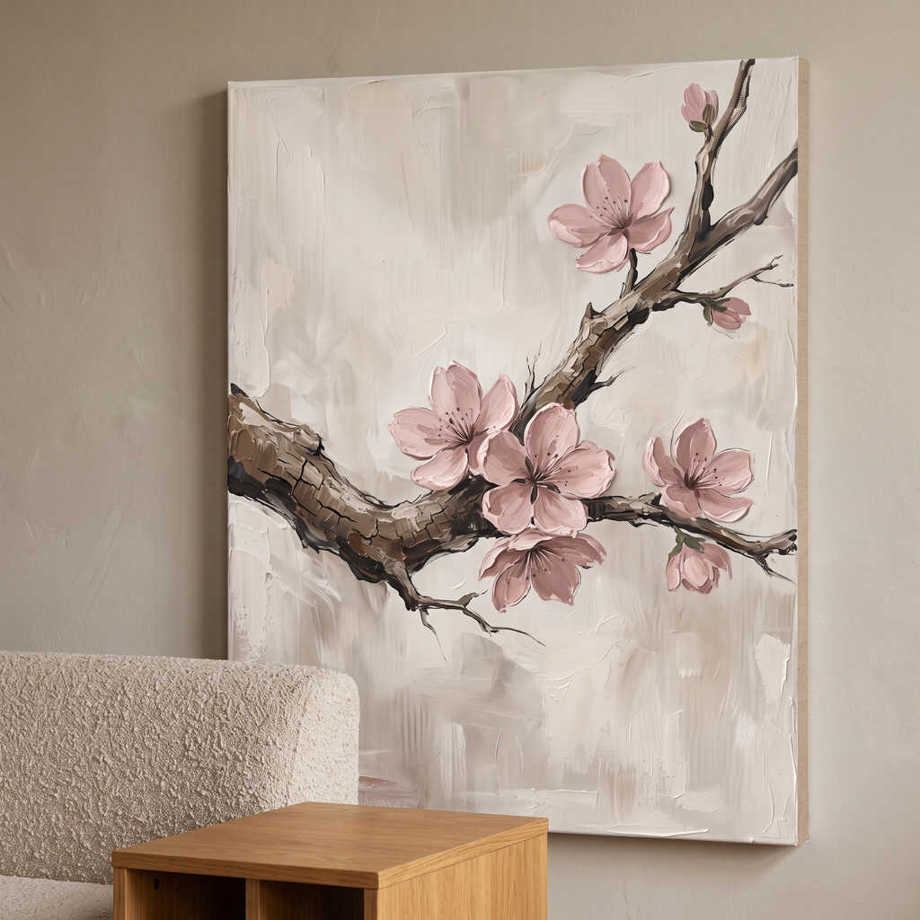 Large Cherry Blossom Wall Art — canvas wall art, japanese wall art, canvas wall art shown on a wall in a styled interior, view C8 (Japandi / Japanese zen) | Blo