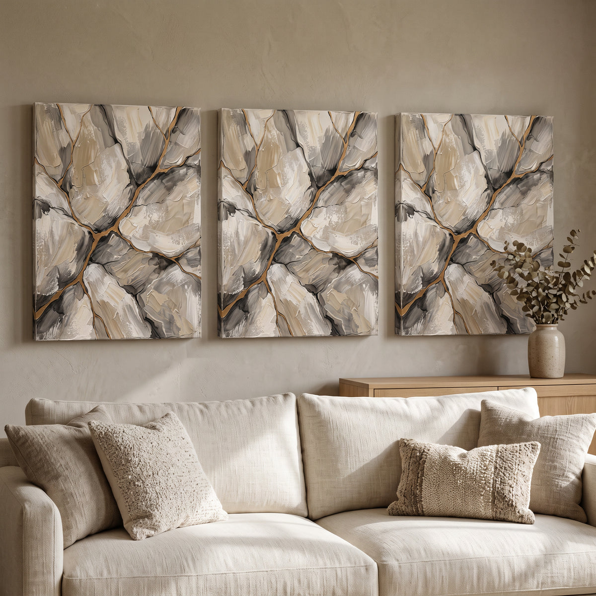 Wabi Sabi Wall Art — canvas wall art, earth tone art, canvas wall art shown on a wall in a styled interior, view C3 (Japandi / Japanese zen) | BloomWorld Art