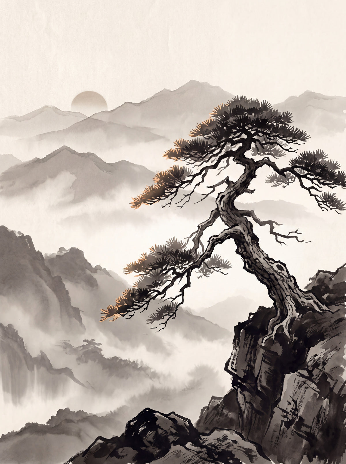 Pine Tree Mist Print, Japanese Zen Ink Painting Print, Wabi Sabi Decor, Gift