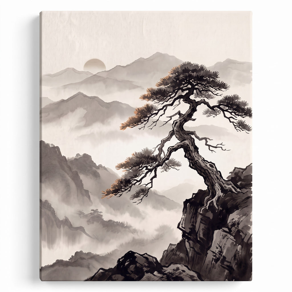 Pine Tree Mist Print, Japanese Zen Ink Painting Print, Wabi Sabi Decor, Gift