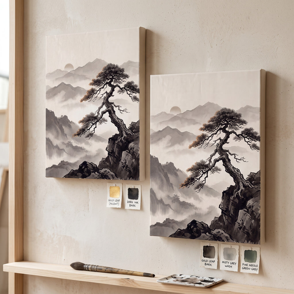 Pine Tree Mist Print, Japanese Zen Ink Painting Print, Wabi Sabi Decor, Gift