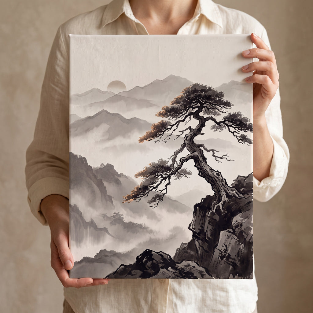 Pine Tree Mist Print, Japanese Zen Ink Painting Print, Wabi Sabi Decor, Gift
