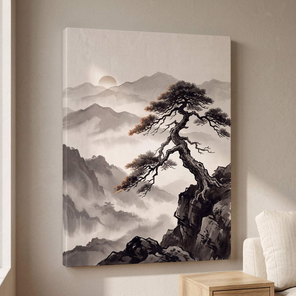 Pine Tree Mist Print, Japanese Zen Ink Painting Print, Wabi Sabi Decor, Gift
