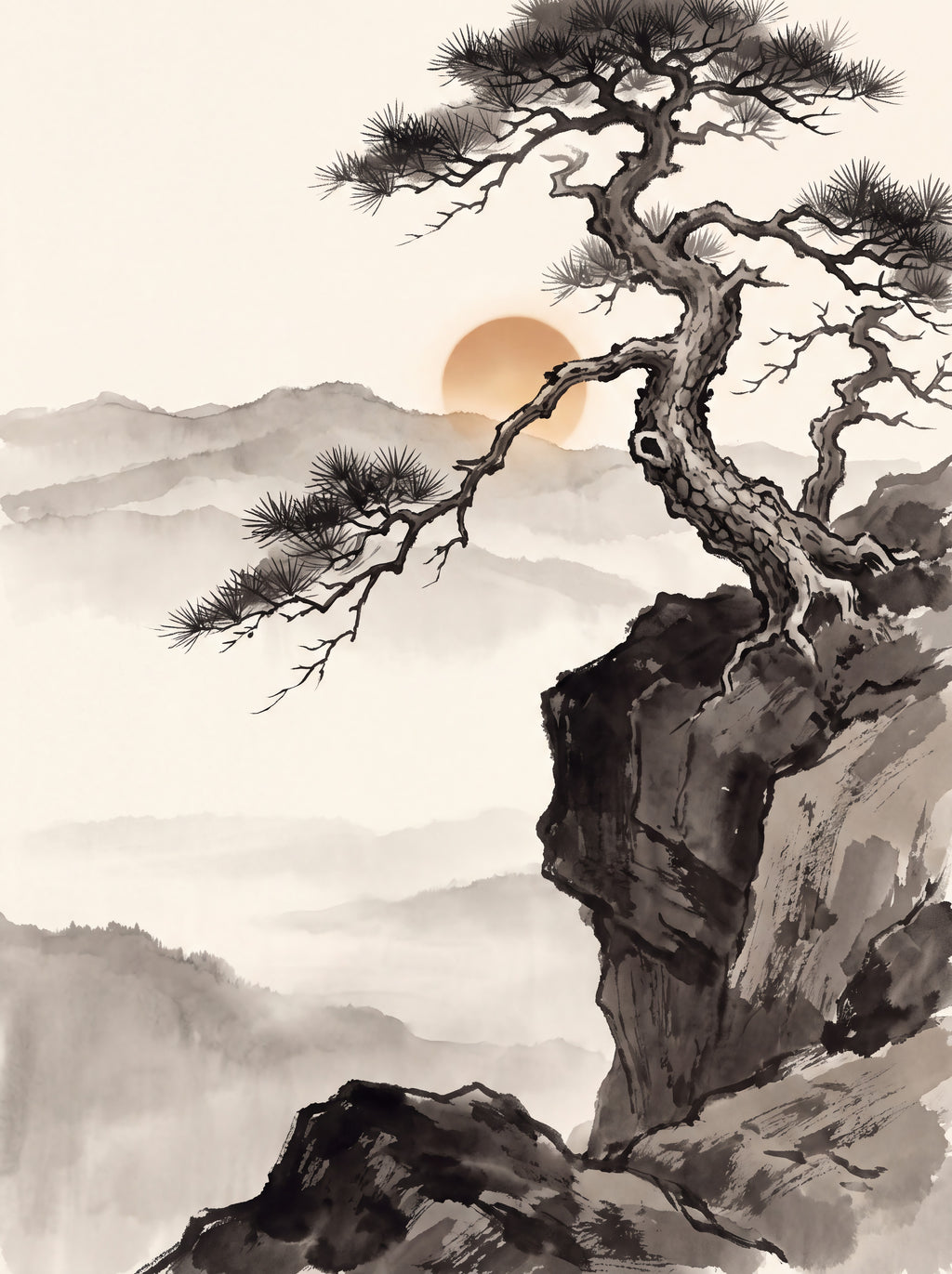 Sumi Ink Pine, Japanese Zen Ink Painting Print, Wabi Sabi Decor, Gift