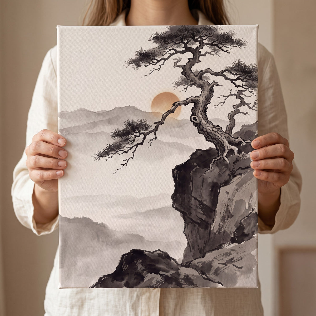 Sumi Ink Pine, Japanese Zen Ink Painting Print, Wabi Sabi Decor, Gift