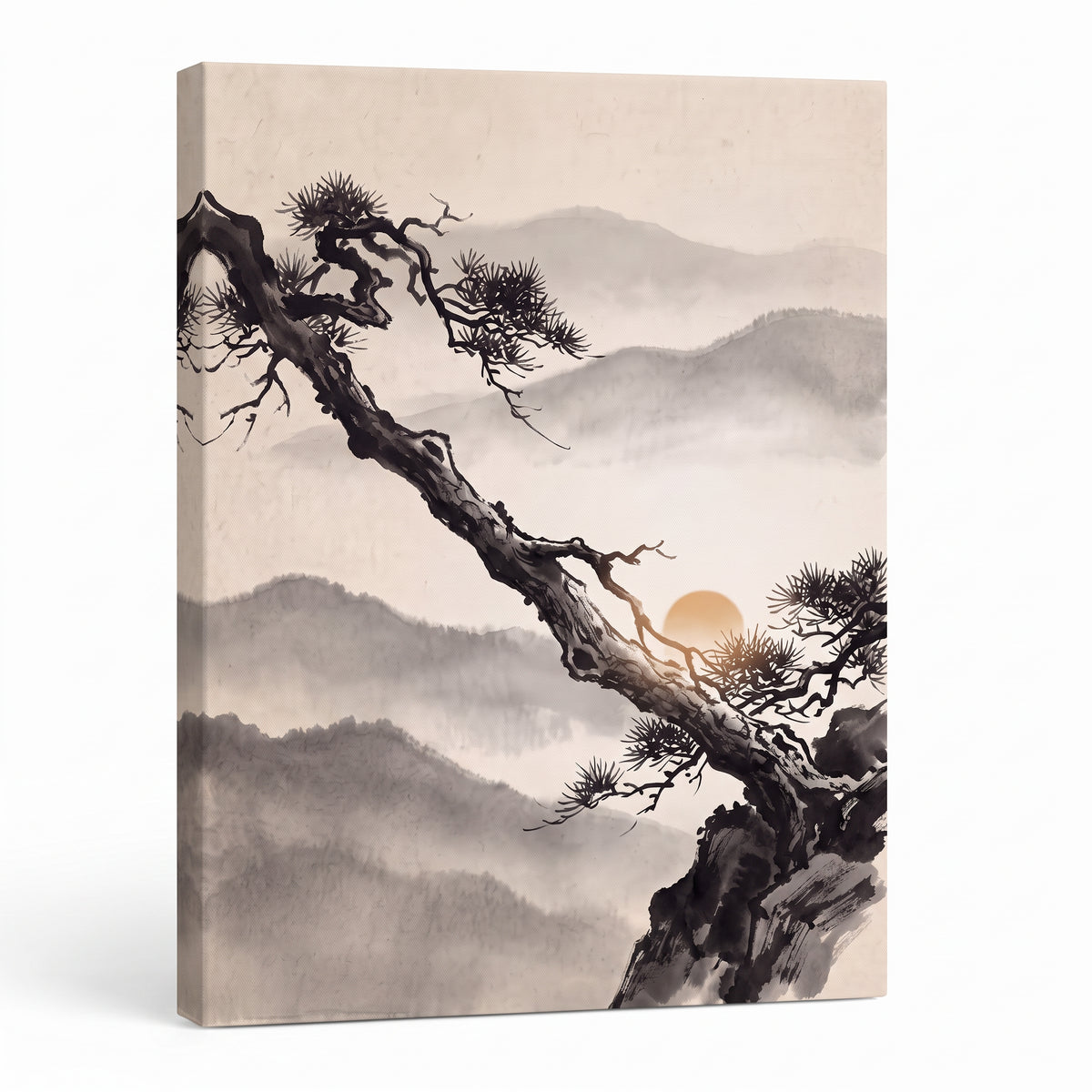 Ink Wash Pine Tree & Misty Mountains Canvas Art, Japanese Zen Decor