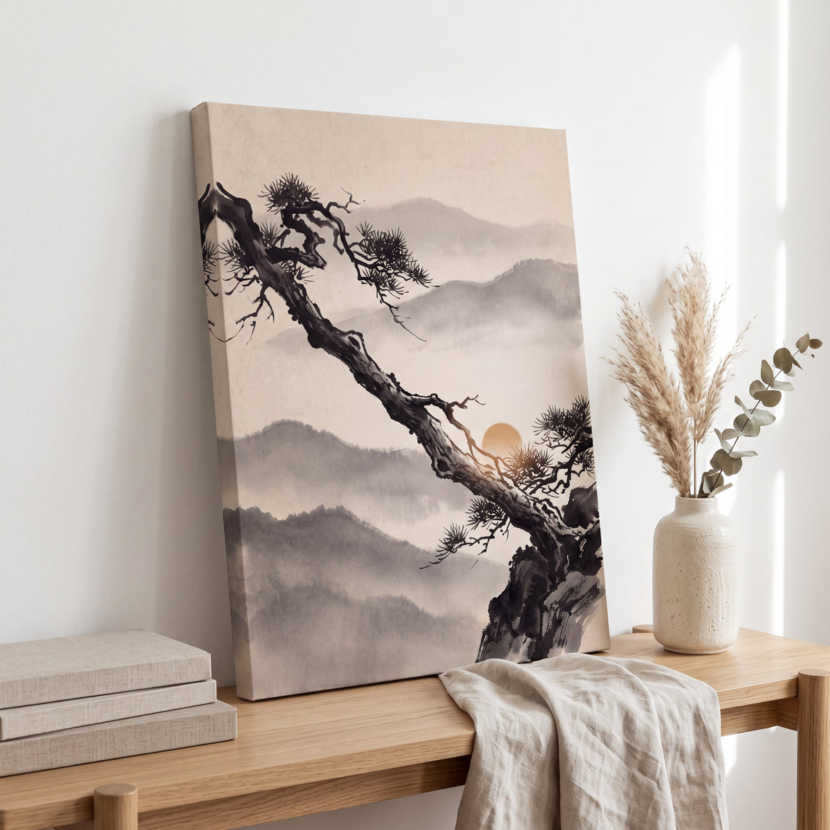 Ink Wash Pine Tree & Misty Mountains Canvas Art, Japanese Zen Decor