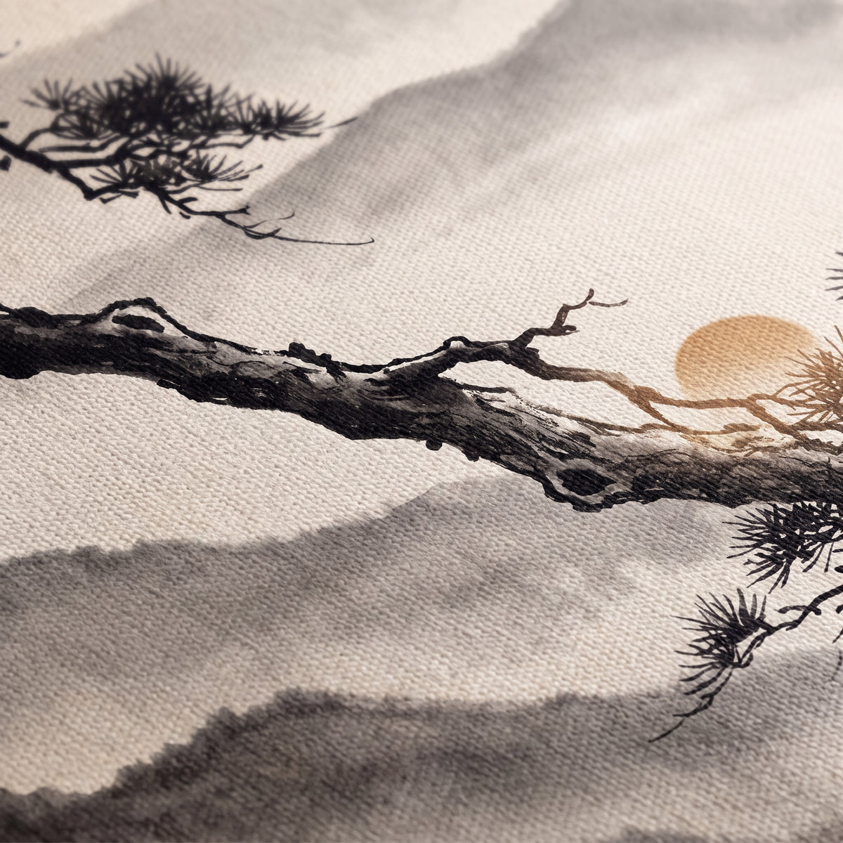 Ink Wash Pine Tree & Misty Mountains Canvas Art, Japanese Zen Decor