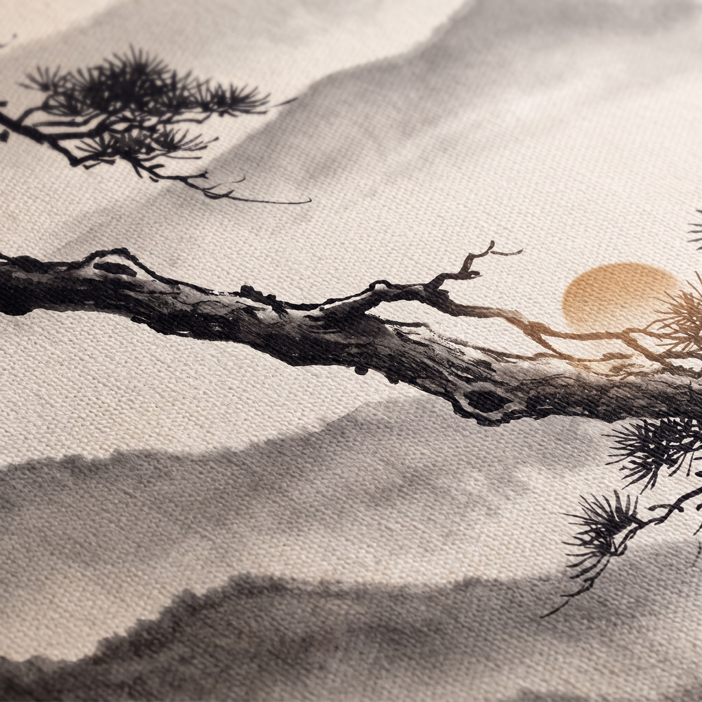 Ink Wash Pine Tree & Misty Mountains Canvas Art, Japanese Zen Decor