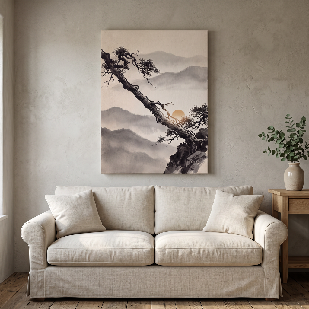 Ink Wash Pine Tree & Misty Mountains Canvas Art, Japanese Zen Decor