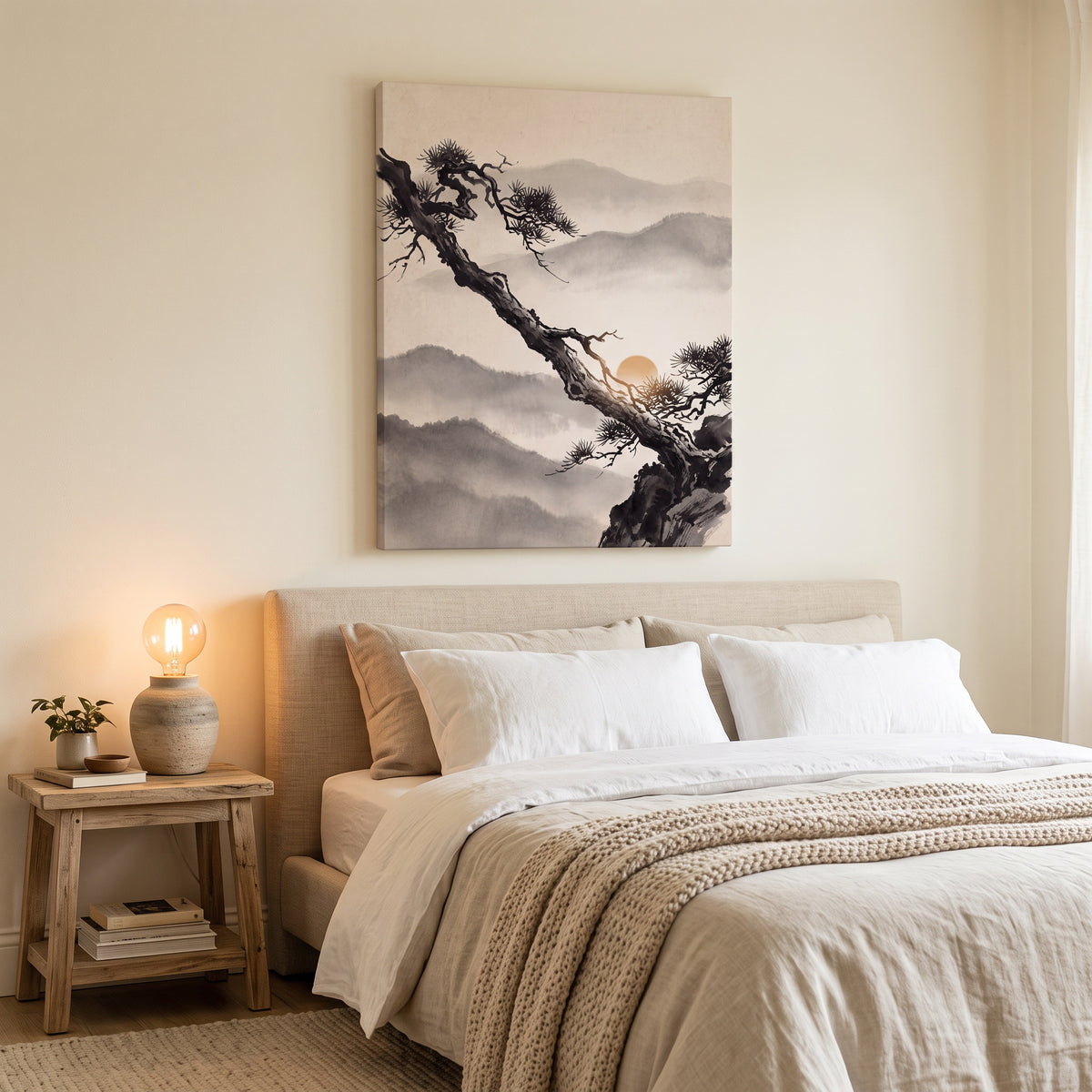 Ink Wash Pine Tree & Misty Mountains Canvas Art, Japanese Zen Decor