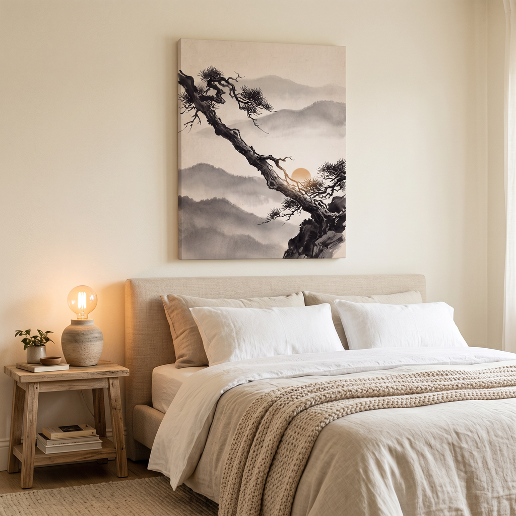 Ink Wash Pine Tree & Misty Mountains Canvas Art, Japanese Zen Decor