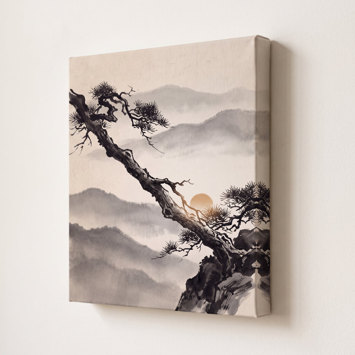 Ink Wash Pine Tree & Misty Mountains Canvas Art, Japanese Zen Decor