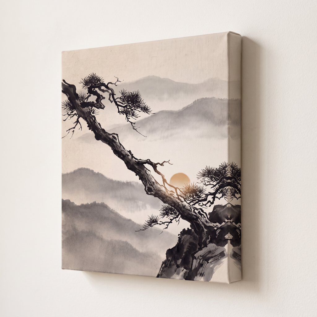 Ink Wash Pine Tree & Misty Mountains Canvas Art, Japanese Zen Decor