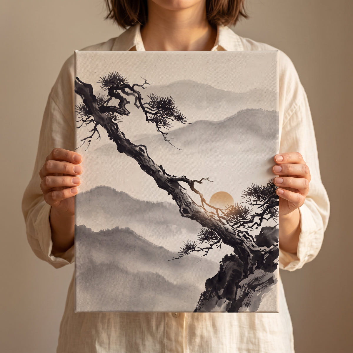 Ink Wash Pine Tree & Misty Mountains Canvas Art, Japanese Zen Decor
