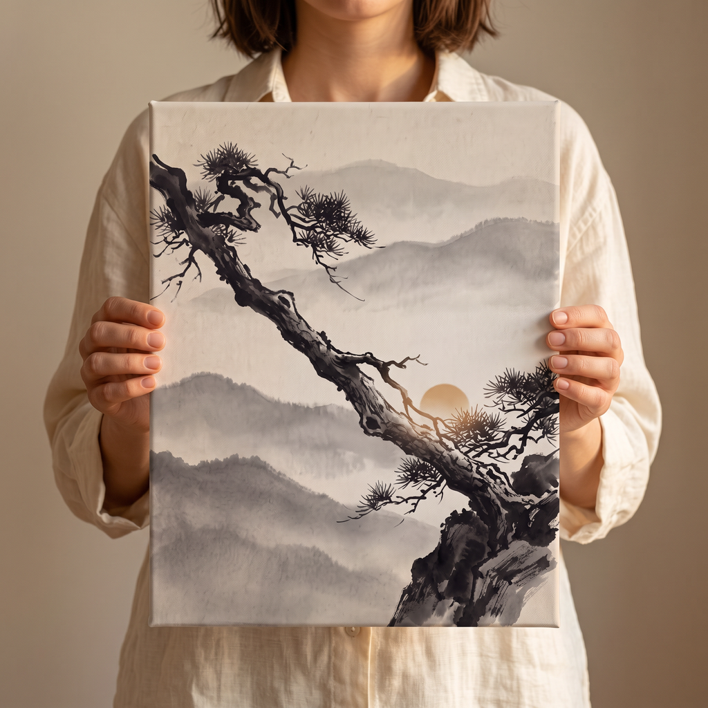 Ink Wash Pine Tree & Misty Mountains Canvas Art, Japanese Zen Decor