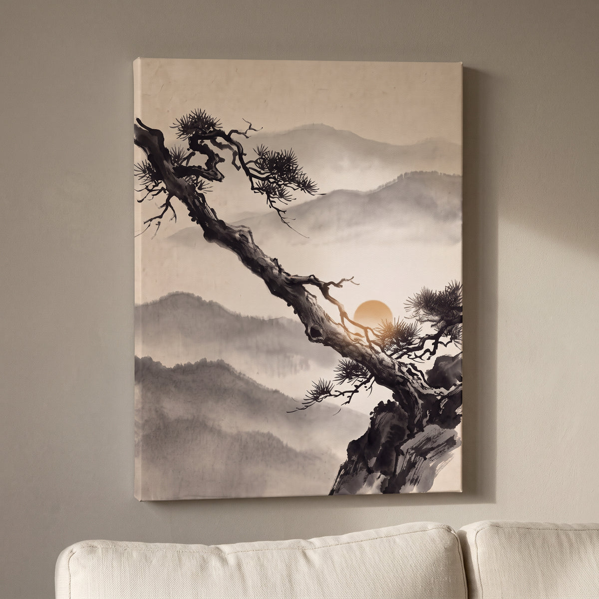 Ink Wash Pine Tree & Misty Mountains Canvas Art, Japanese Zen Decor