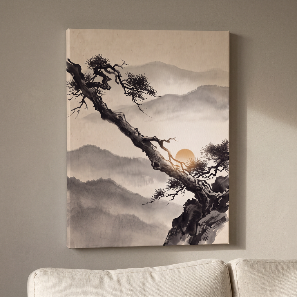 Ink Wash Pine Tree & Misty Mountains Canvas Art, Japanese Zen Decor