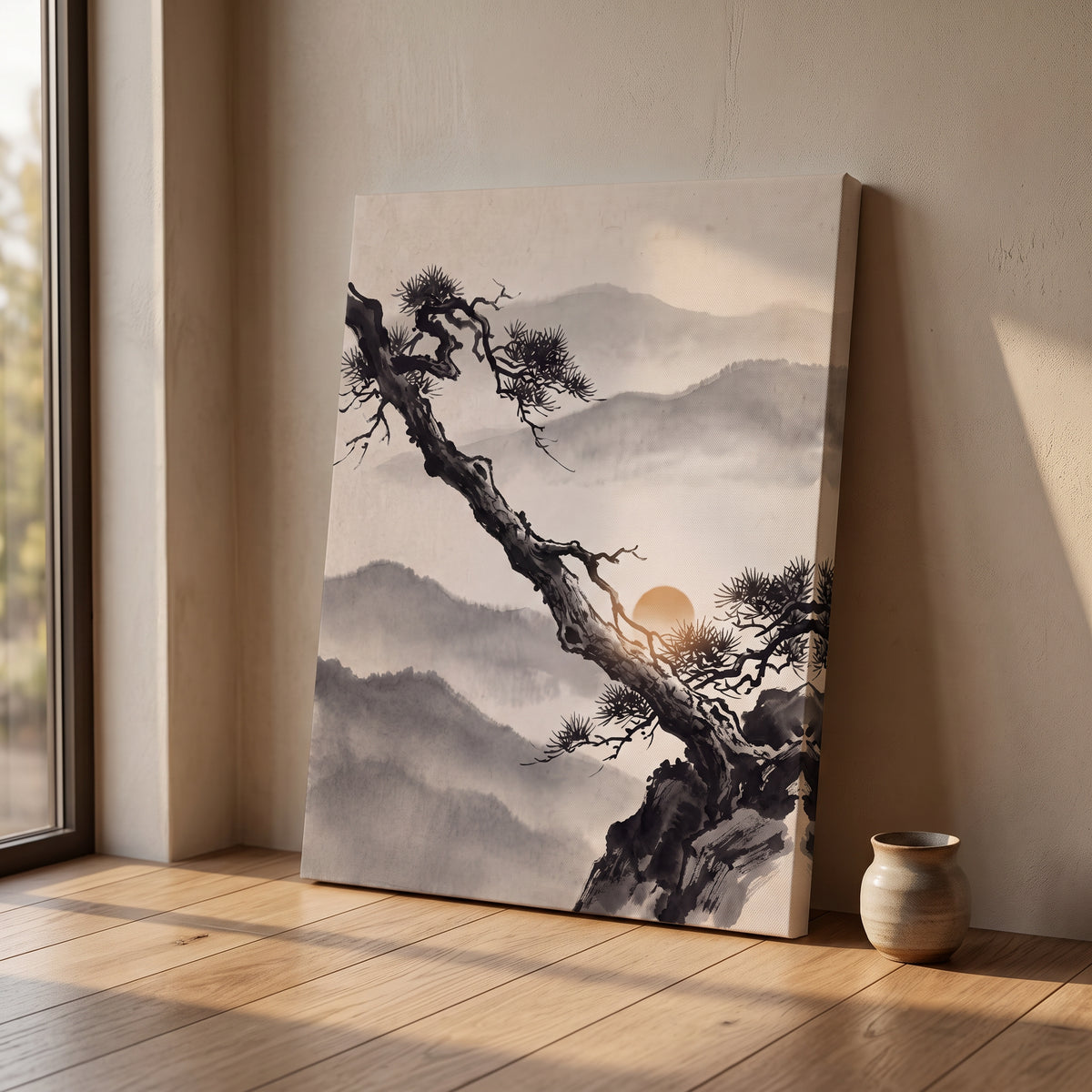 Ink Wash Pine Tree & Misty Mountains Canvas Art, Japanese Zen Decor