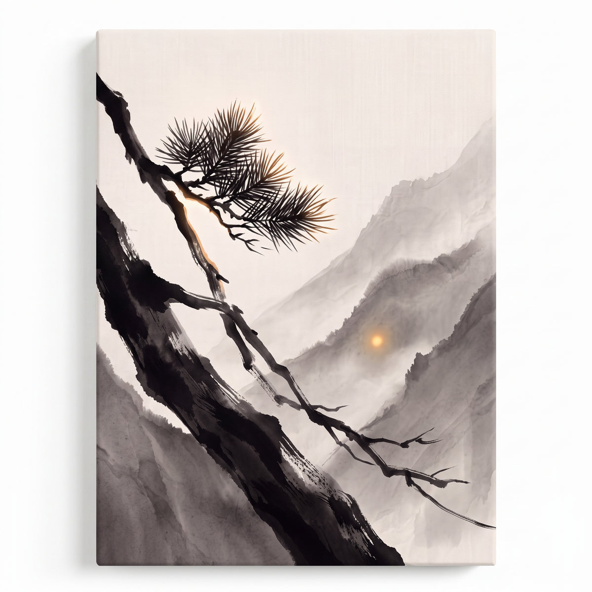 Ink Wash Pine Branch & Misty Mountain Sun Canvas Art, Japanese Zen