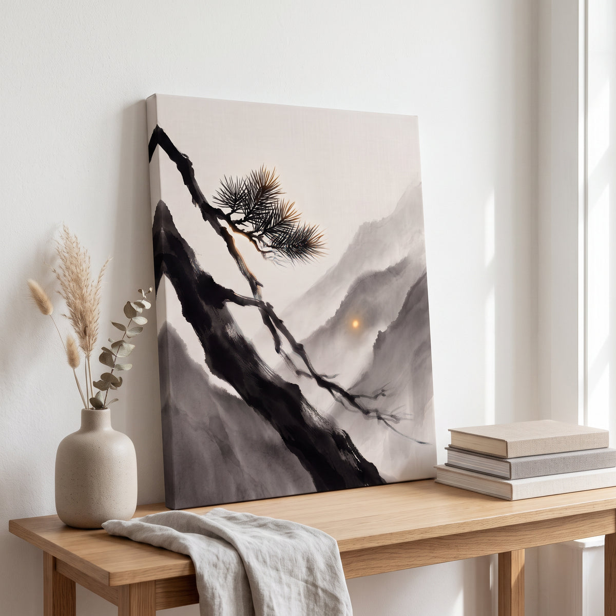 Ink Wash Pine Branch & Misty Mountain Sun Canvas Art, Japanese Zen