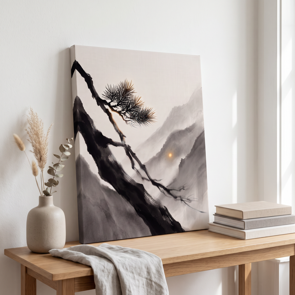 Ink Wash Pine Branch & Misty Mountain Sun Canvas Art, Japanese Zen