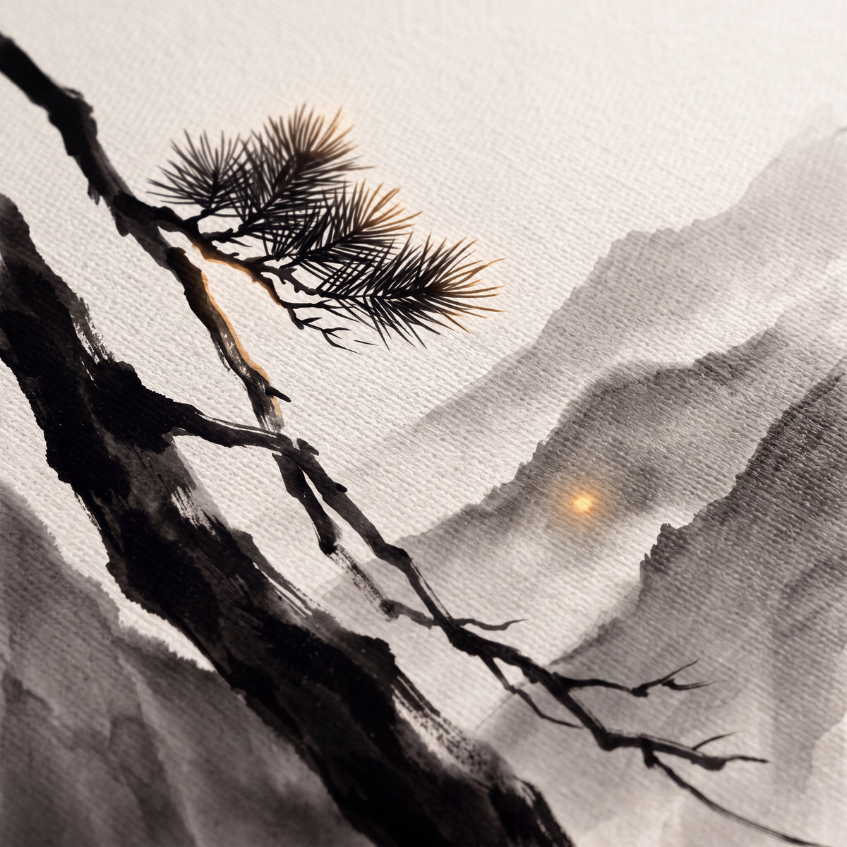 Ink Wash Pine Branch & Misty Mountain Sun Canvas Art, Japanese Zen