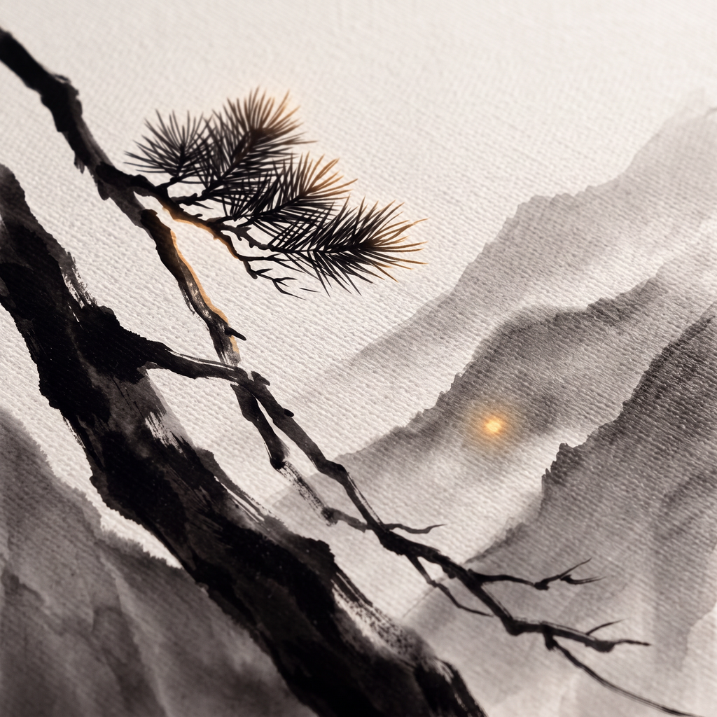 Ink Wash Pine Branch & Misty Mountain Sun Canvas Art, Japanese Zen
