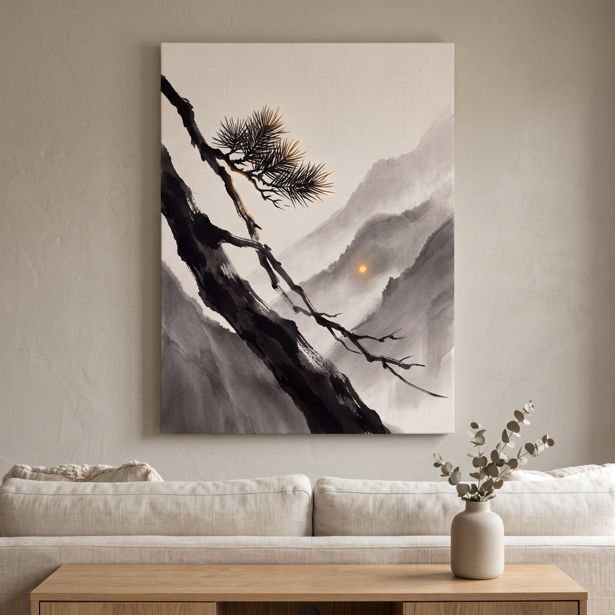 Ink Wash Pine Branch & Misty Mountain Sun Canvas Art, Japanese Zen